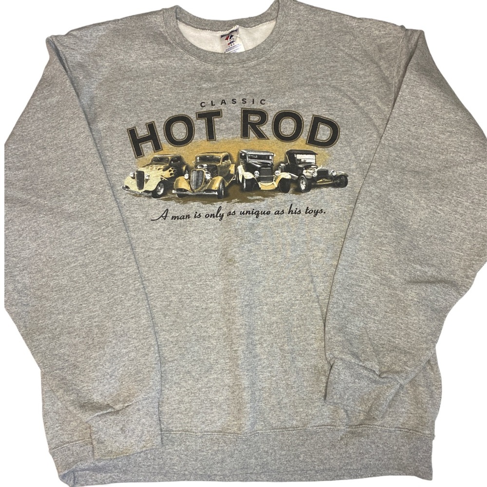 VTG Gray Jerzees Hot Rod Car Sweater